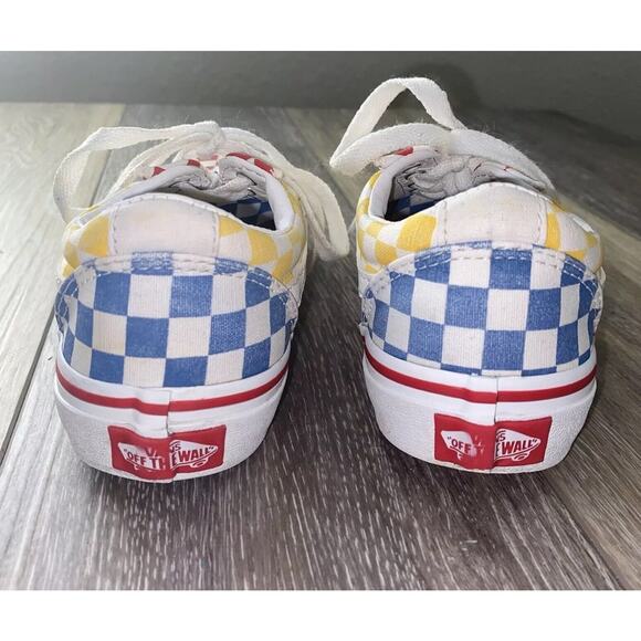 Vans Off The Wall Youth US Size 1 Red Yellow Blue Checkerboard Shoes Old Skool - Picture 7 of 10